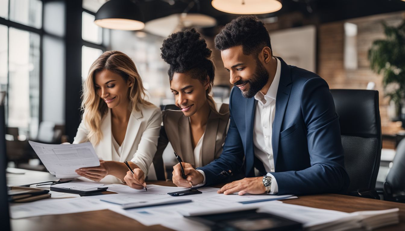 A business owner consults with a tax advisor among financial documents.