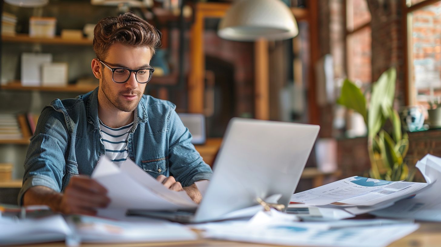 A small business owner working on laptop surrounded by paperwork.