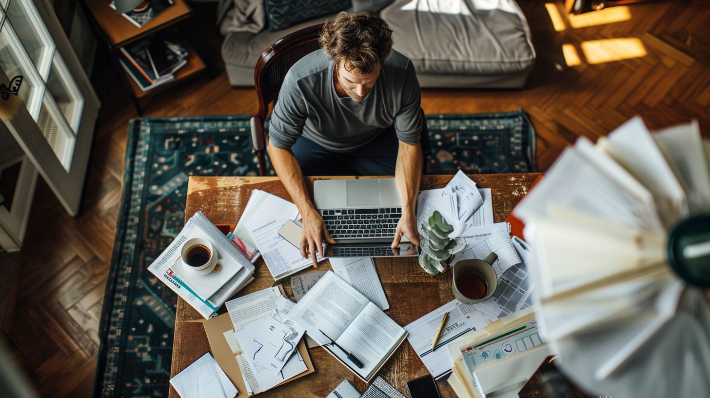 A small business owner working on laptop surrounded by paperwork.