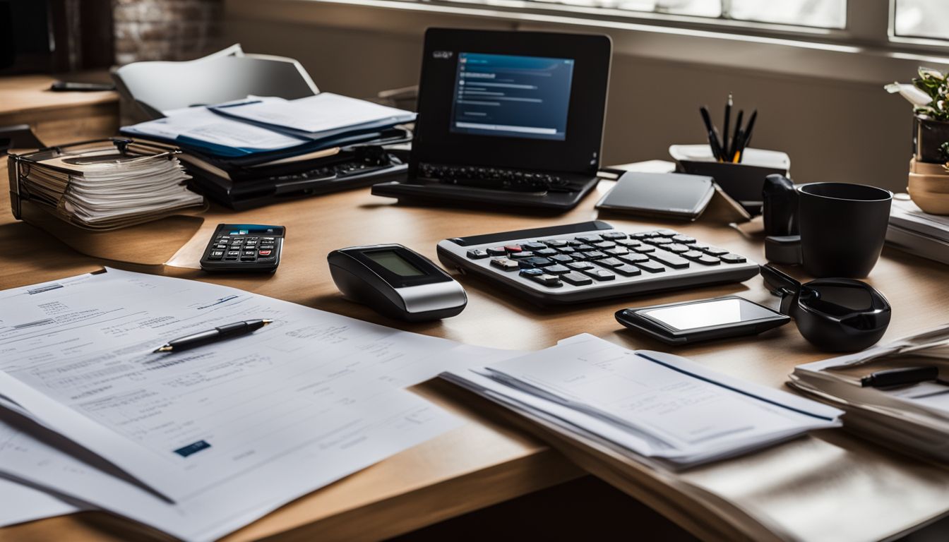 An organized home office desk with tax forms, calculator, and business documents.