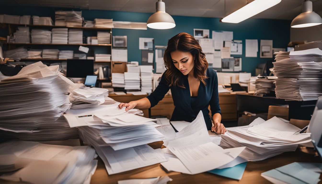 A small business owner organizing paperwork in a cluttered office.