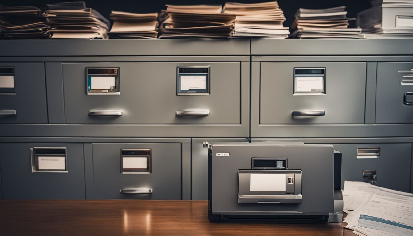 A filing cabinet filled with financial documents in a bustling office.