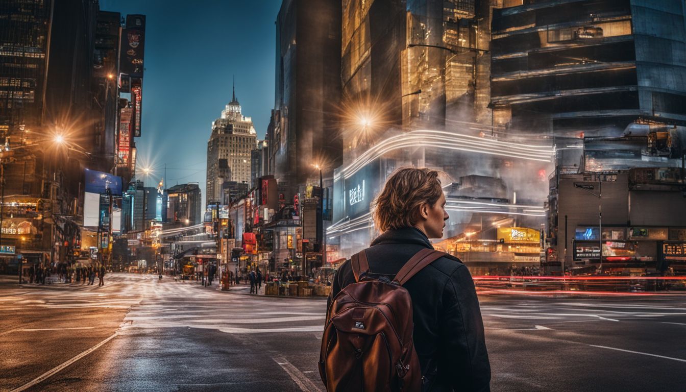 A person standing at a crossroads, contemplating different directions in a city.