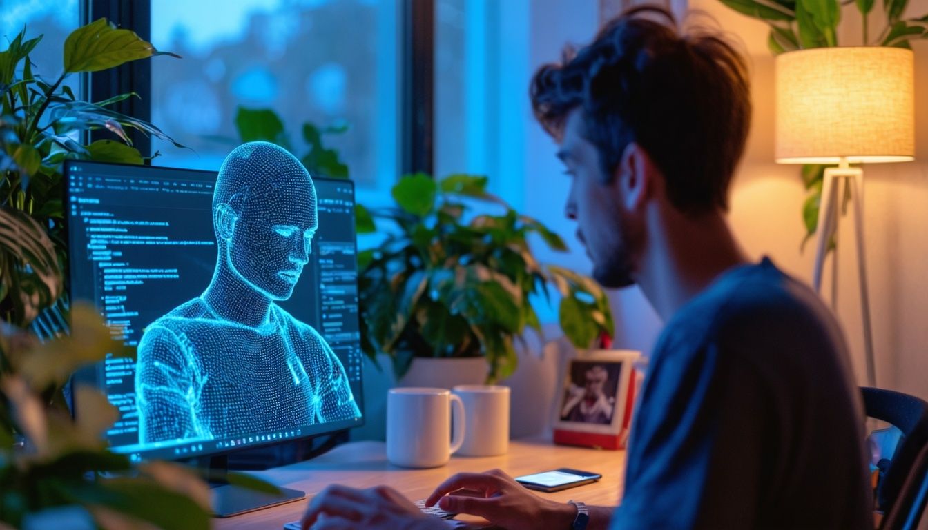 A person in their twenties interacts with a virtual AI character to discuss making money online.