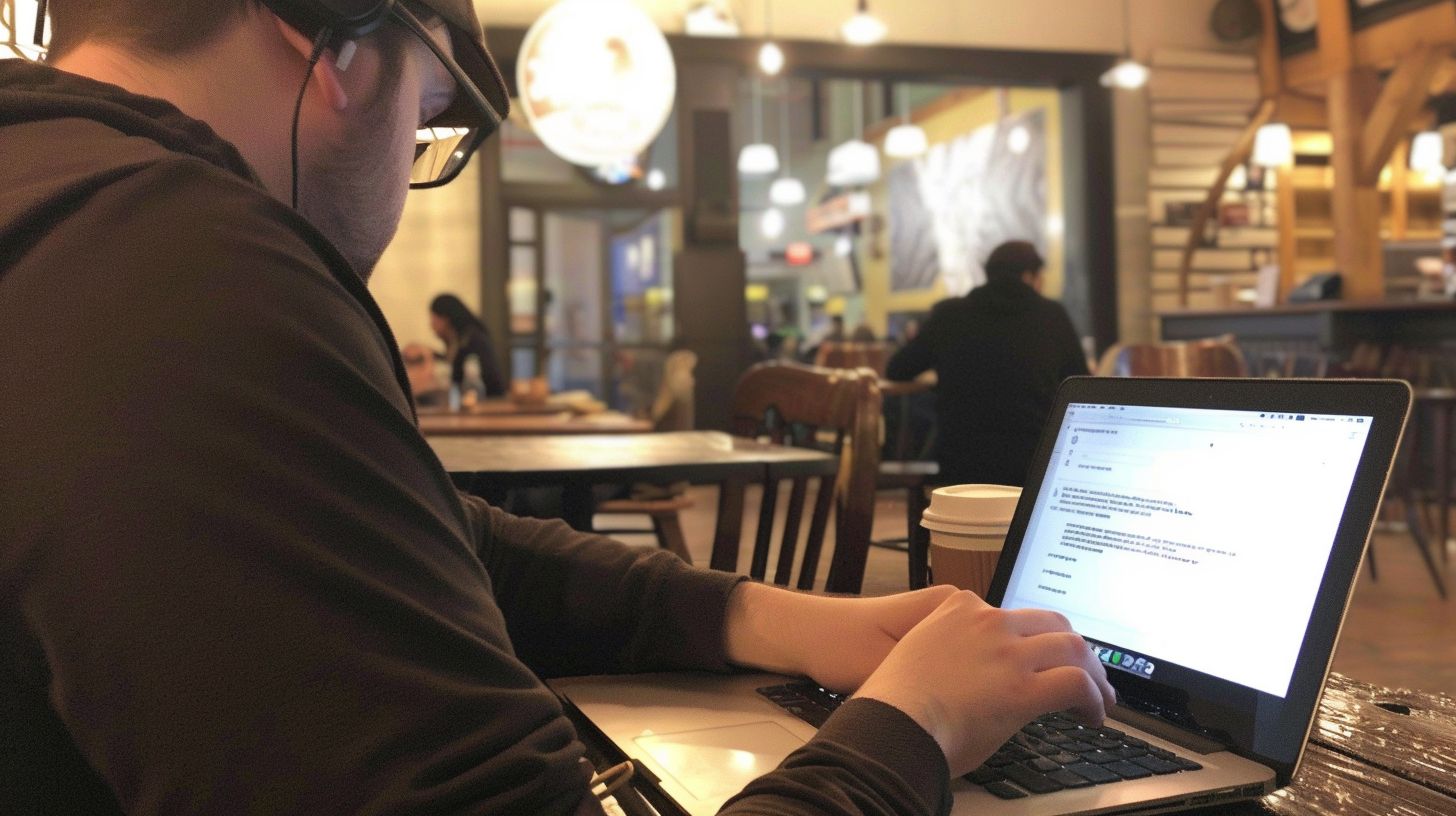 A person comparing ChatGPT and Claude AI on a laptop in a coffee shop.