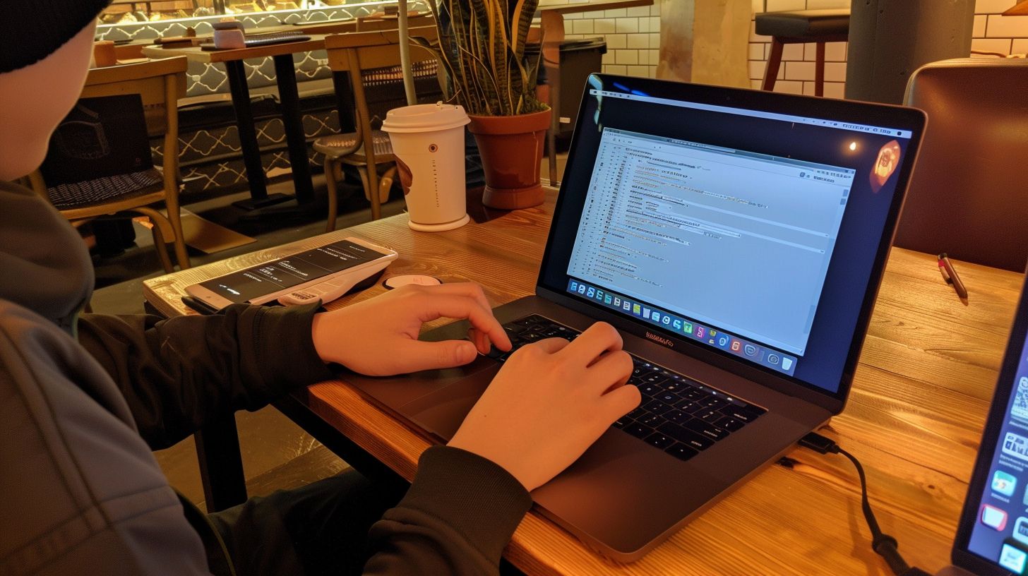 A person comparing ChatGPT and Claude AI on a laptop in a coffee shop.