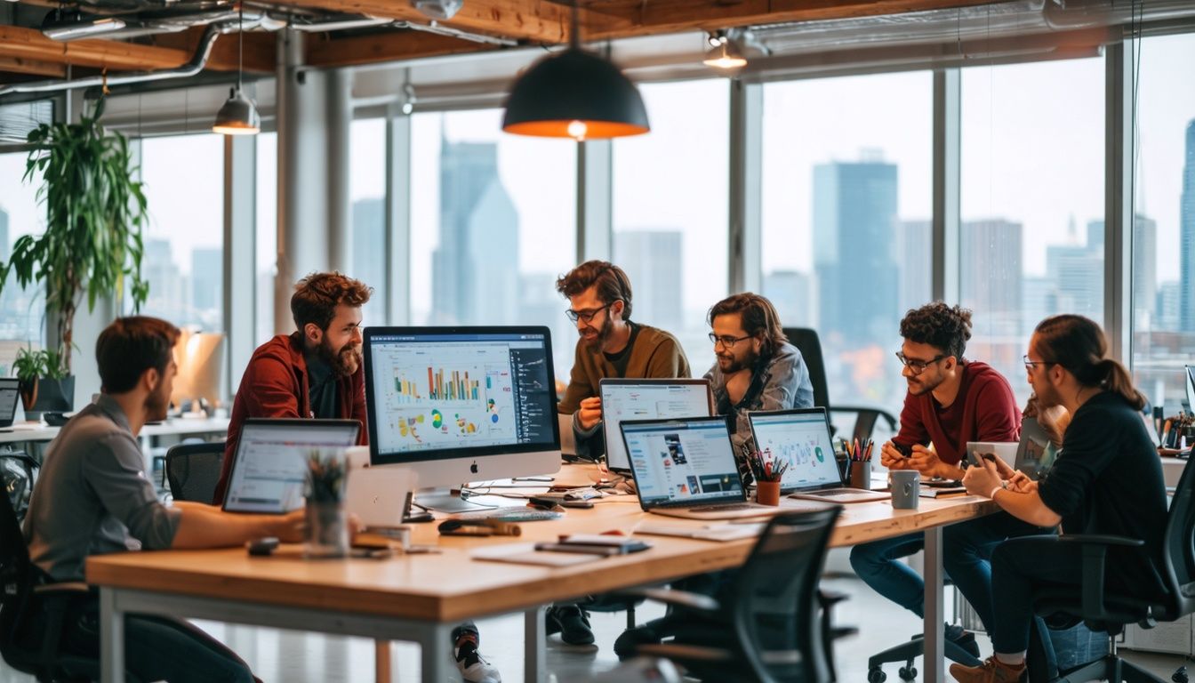 A team of diverse software developers and graphic designers collaborating in a modern office space.