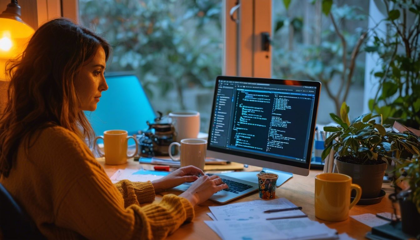 A woman compares ChatGPT and Claude AI algorithms at her cluttered desk.