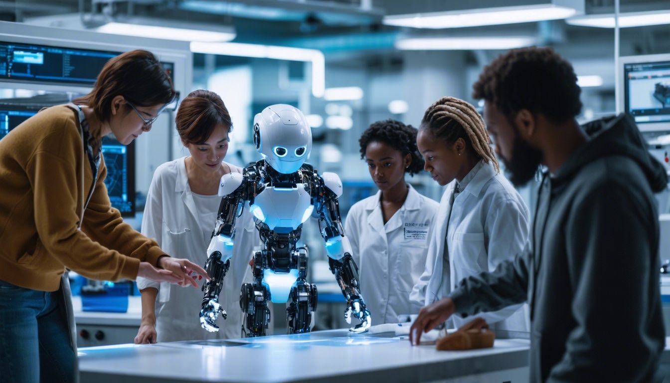 Diverse group interacts with advanced robots in futuristic research lab.