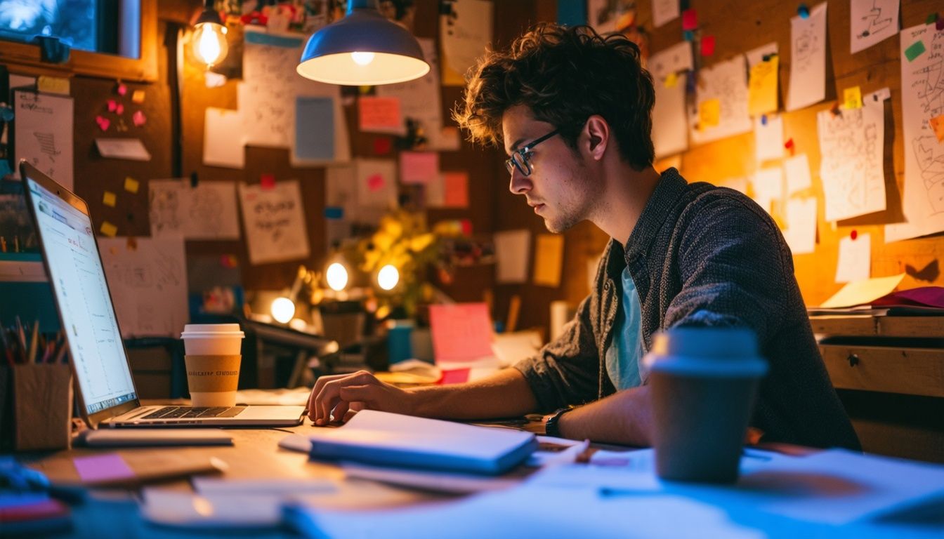 A young adult designing an app at a cluttered desk with sketches.