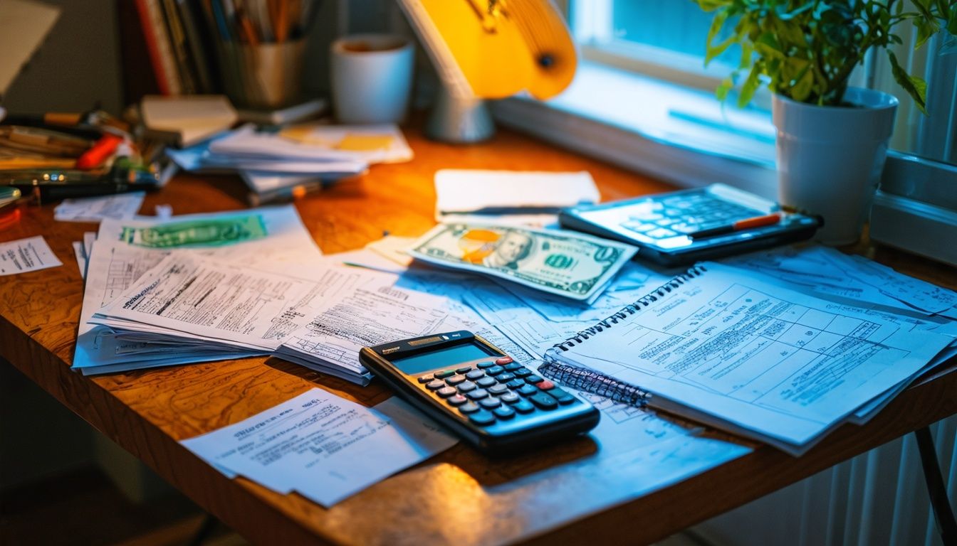 A cluttered kitchen table with bills, receipts, calculator, and notebook.