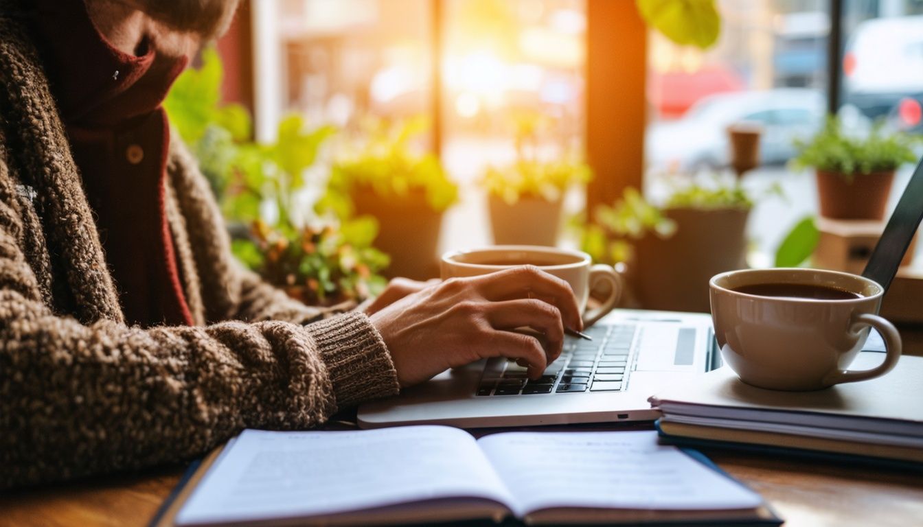 Entrepreneur researching niche market in coffee shop for their business.