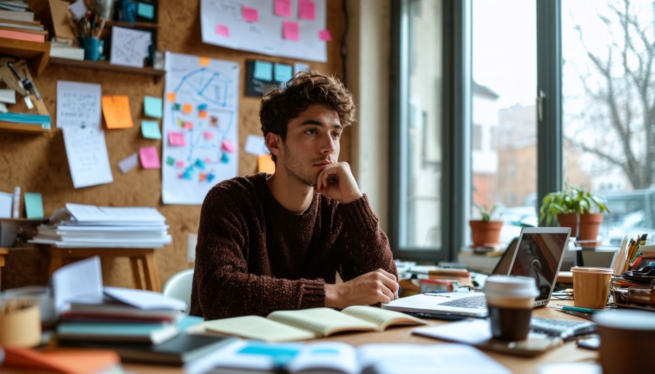 A young adult is deeply focused on planning a new app launch.