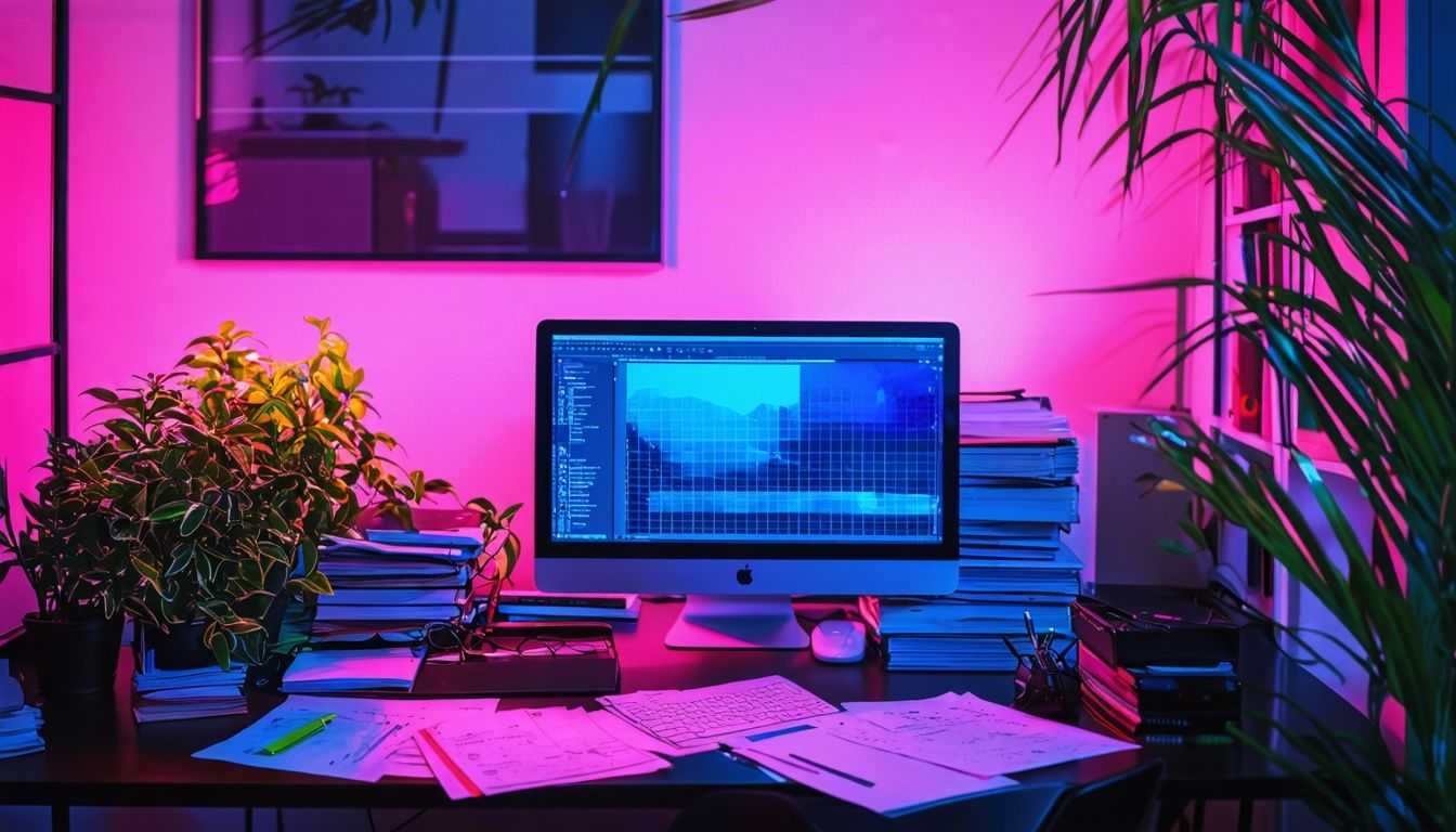 A cluttered modern office desk with computer equipment and plants.