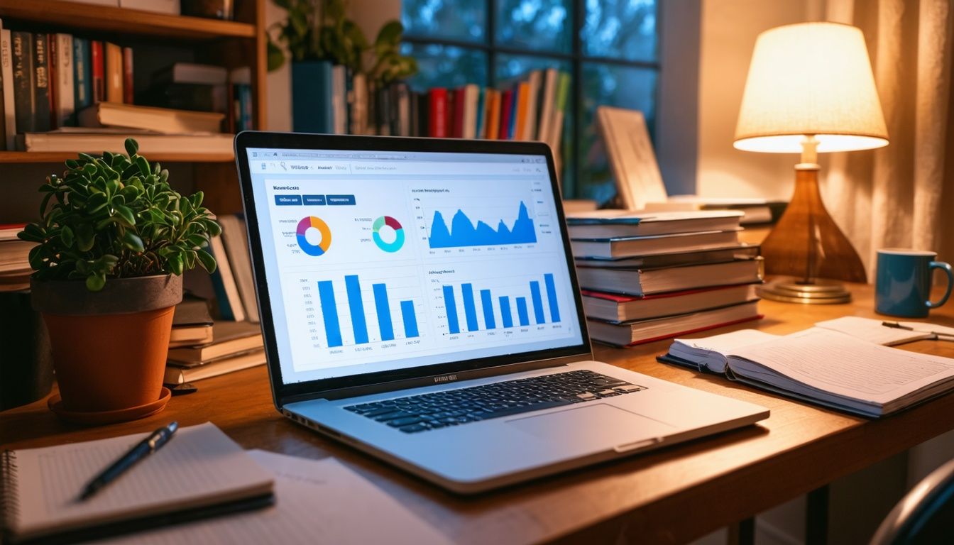 An open laptop displaying website analytics surrounded by SEO books and notes.