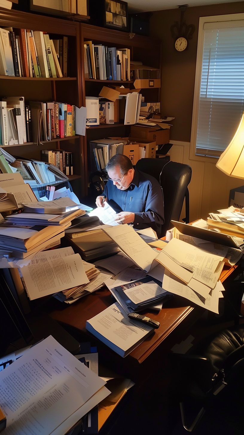 A focused person in their mid-30s studies a sales letter from Frank Kern in a cluttered home office.