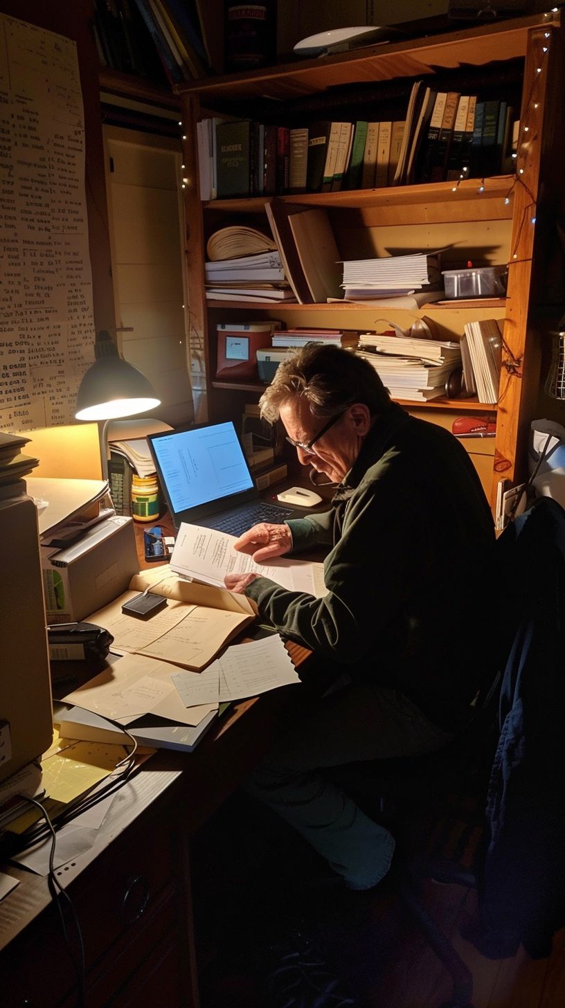 A focused person in their mid-30s studies a sales letter from Frank Kern in a cluttered home office.