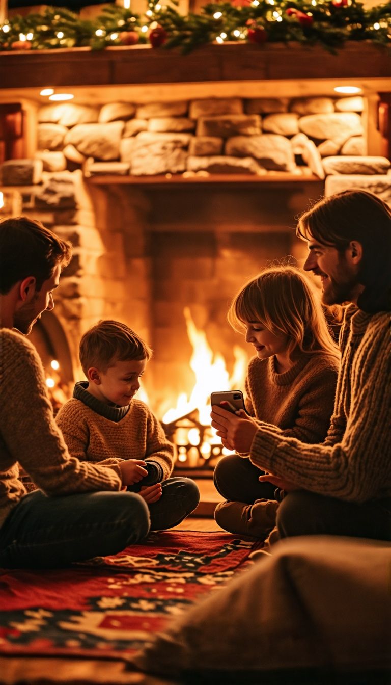 A family storytelling around a cozy fireplace with a cherished item.