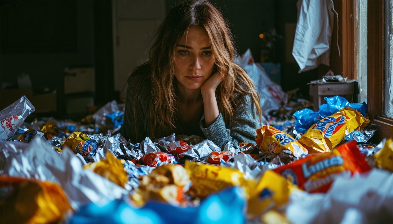 A woman surrounded by junk food and crumpled papers struggles with self-esteem.