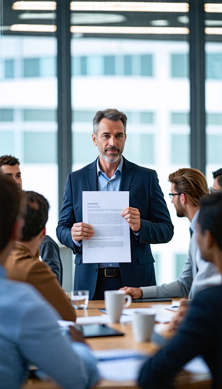 A man presenting a consulting sales letter to diverse business professionals.