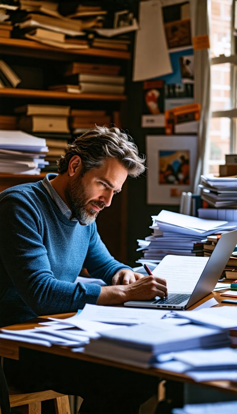 A man in his 40s writing engaging copy at a cluttered desk.