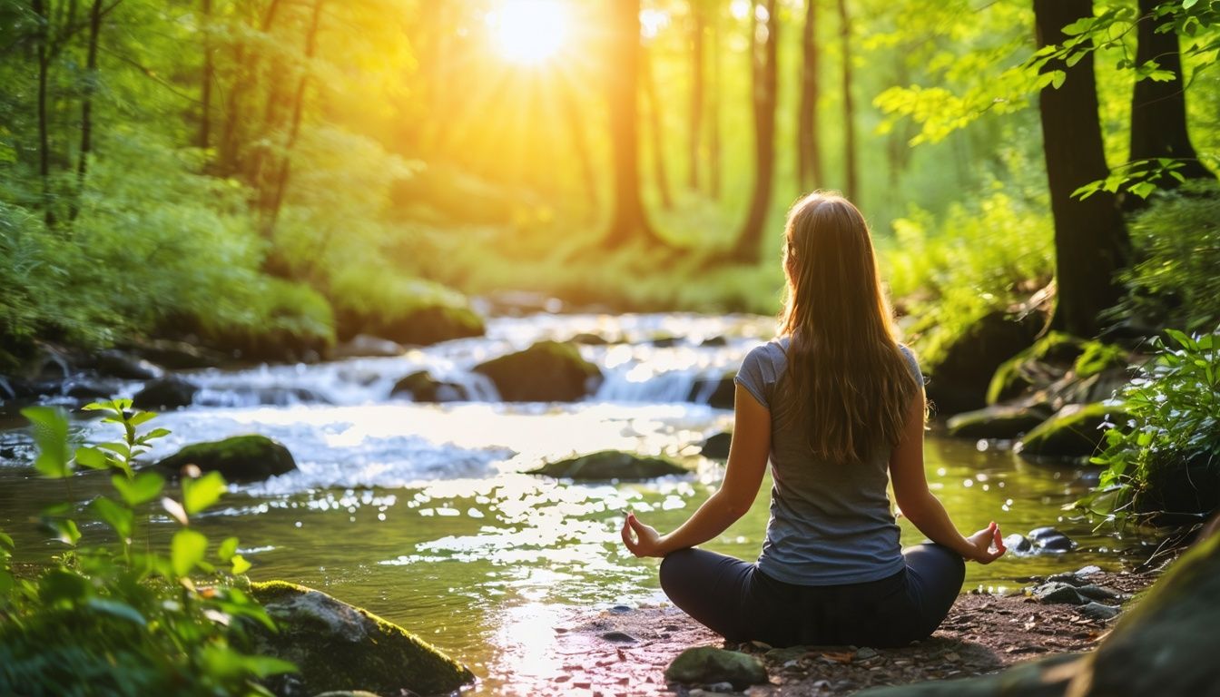 A woman practices mindfulness meditation in a peaceful, natural setting.