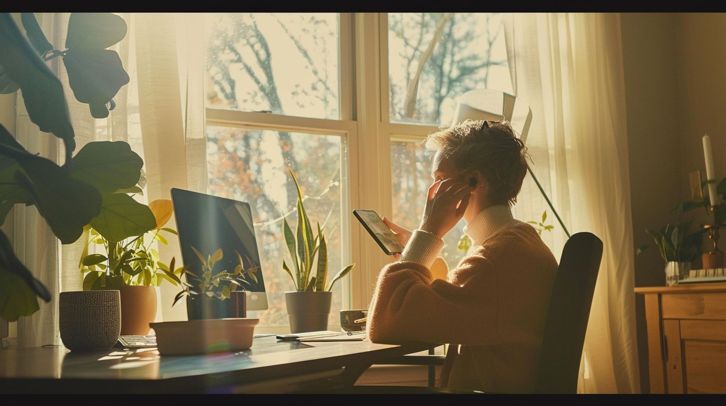 A person in their mid-30s engages in a gratitude exercise at their desk.