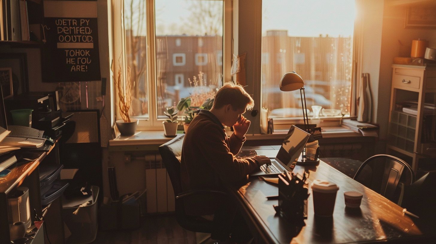 A person in their mid-30s engages in a gratitude exercise at their desk.