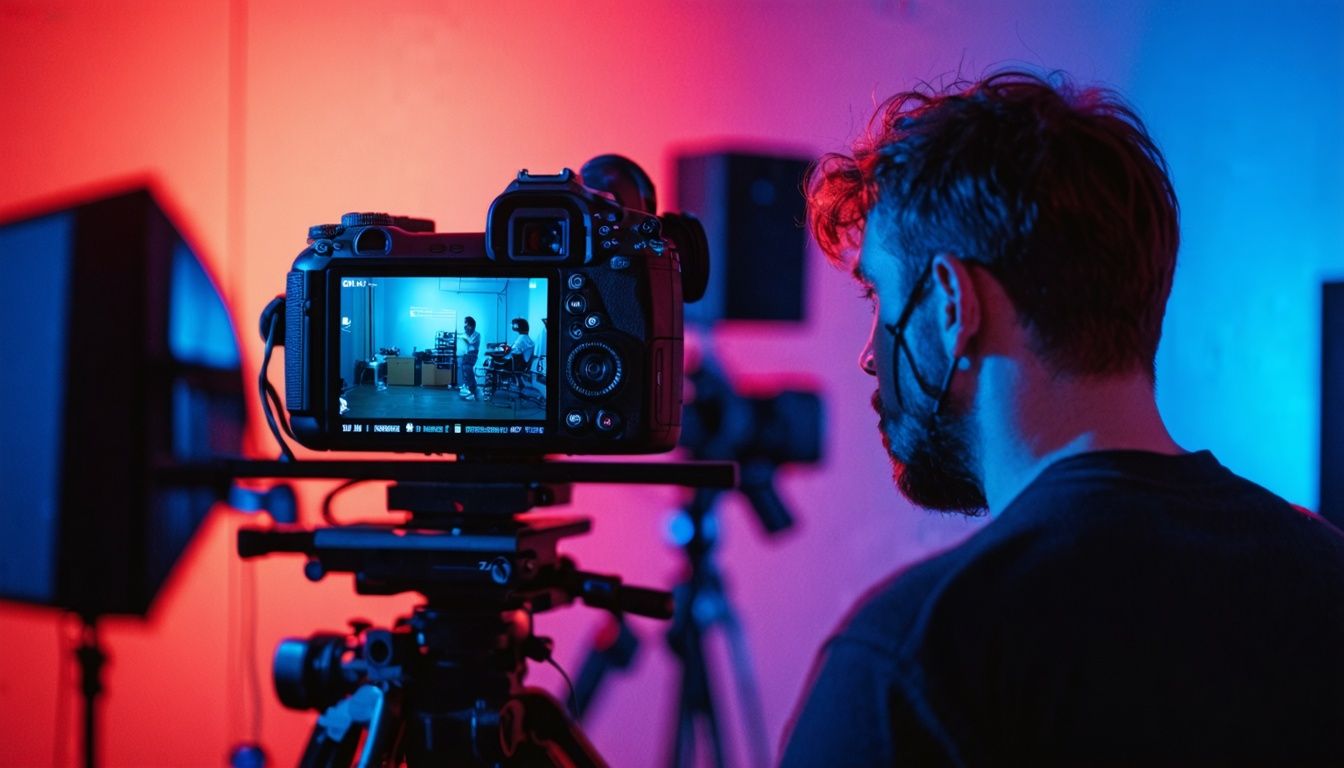 Un videógrafo de mediados de los 30 filmando en una sala de edición.