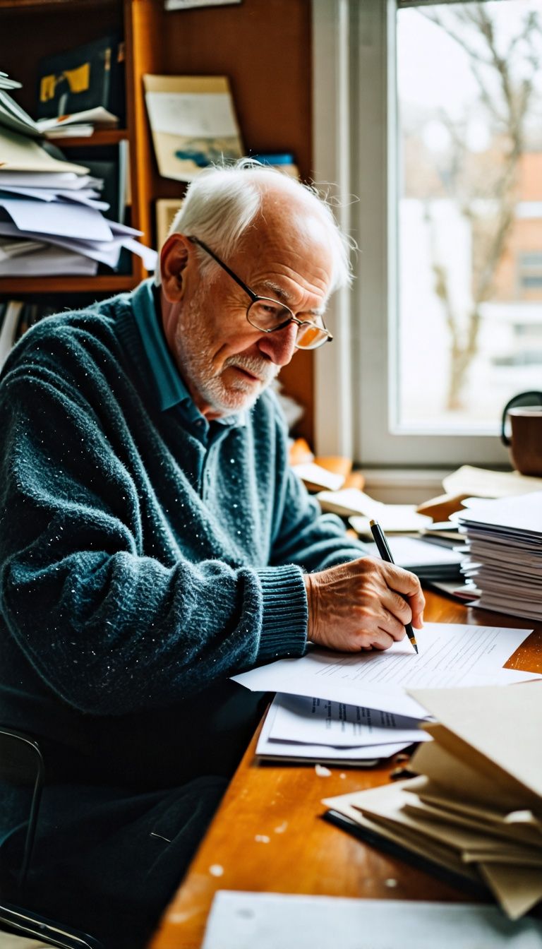 An older man composing a handwritten sales letter at a cluttered desk.