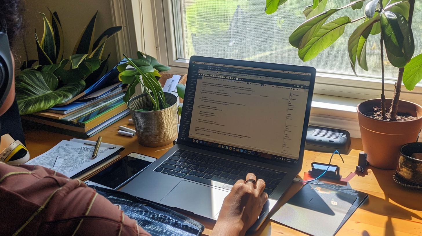 A person in their mid-30s works on a laptop, researching Google SEO strategies in a cluttered home office.