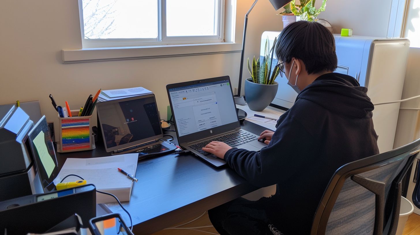 A person in their mid-30s works on a laptop, researching Google SEO strategies in a cluttered home office.