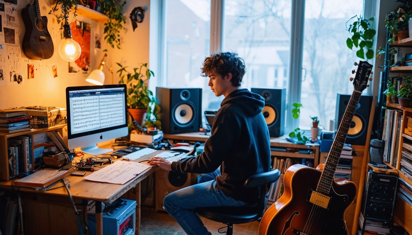 A young musician promotes tracks in cluttered home studio with AI-generated sheet music.