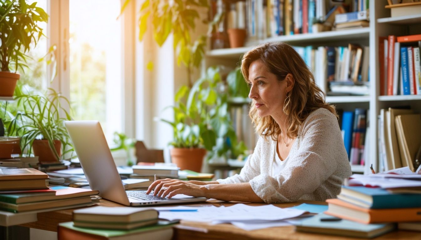 A woman in her 40s works at a cluttered home office desk.