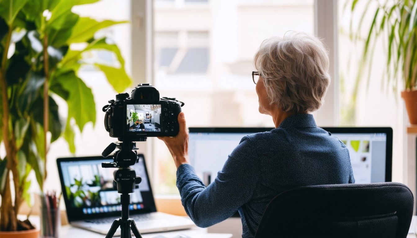 A person filming an online course tutorial in their home office.