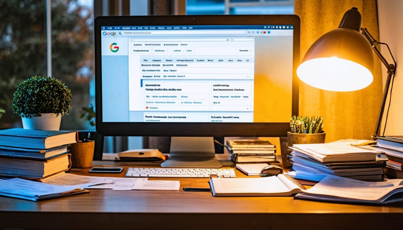 A cluttered office desk with a computer screen displaying local business search results.