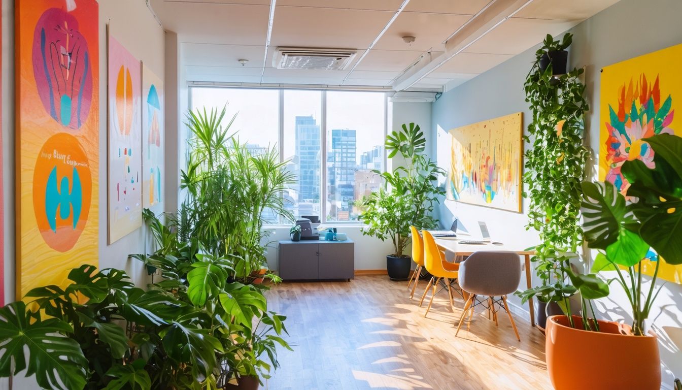 A vibrant office space with wellness posters, plants, and natural light.