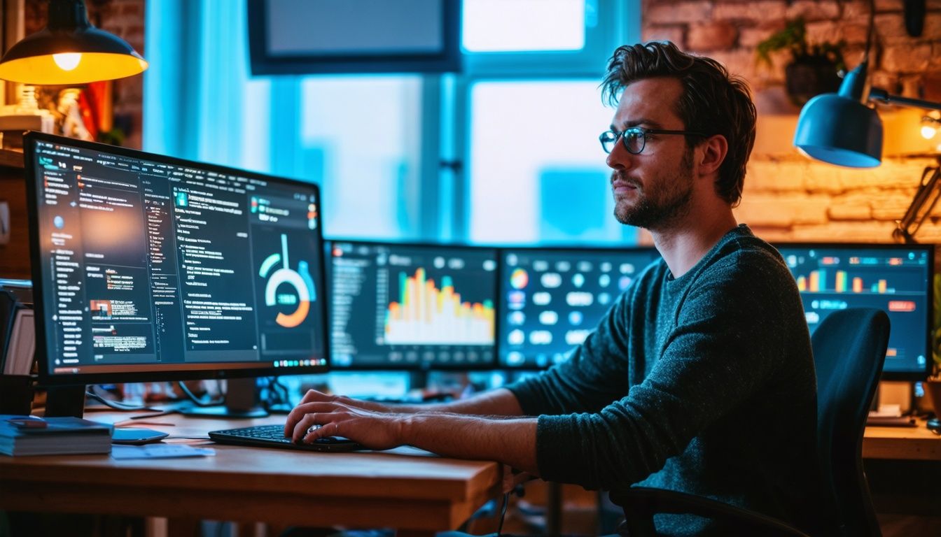 A man sits at a cluttered desk, focusing on SEO strategies.