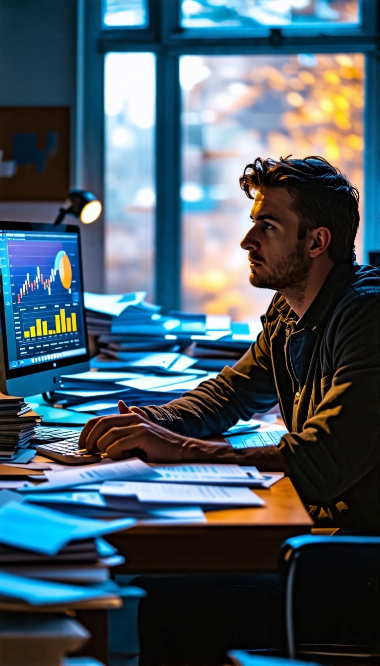 A man at cluttered desk looks intensely at glowing sales figures.