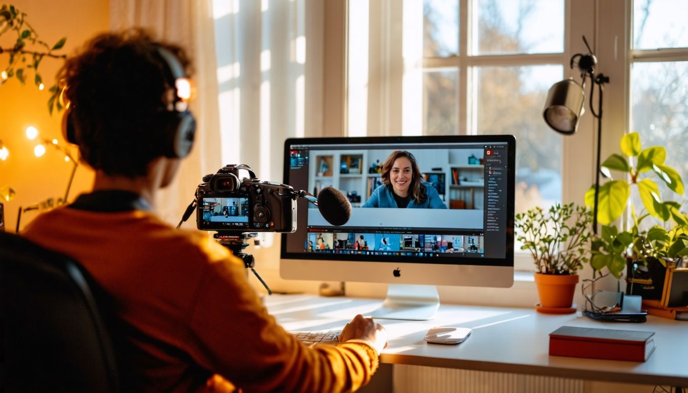 A person records an online course in a cozy home office.