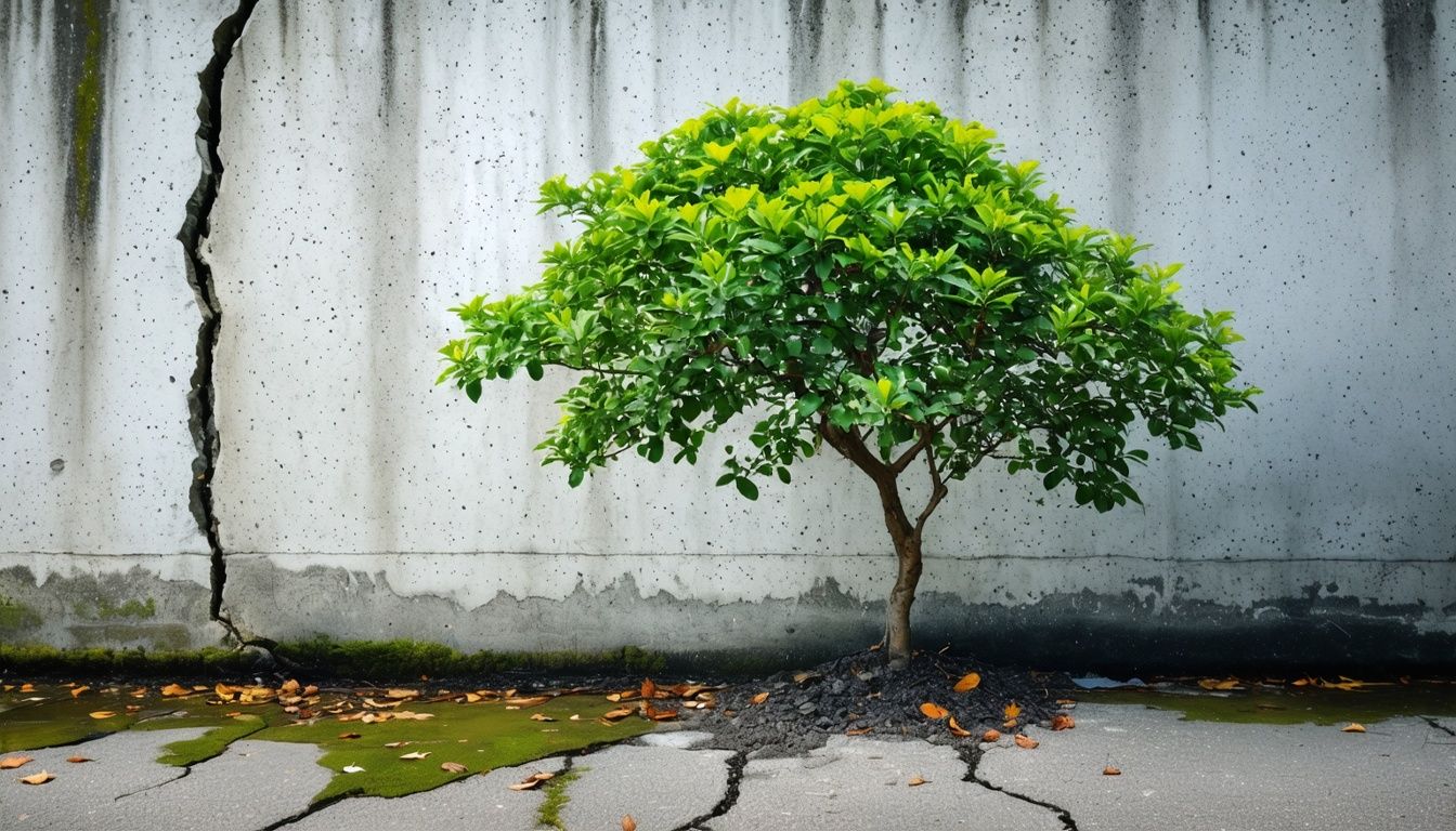 A tree growing from concrete symbolizing resilience and self-forgiveness.