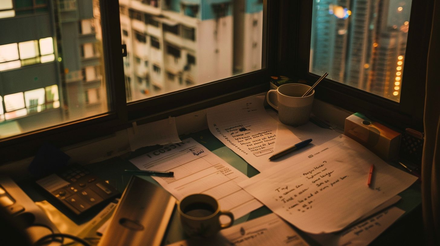 A cluttered desk with a to-do list and cold coffee.