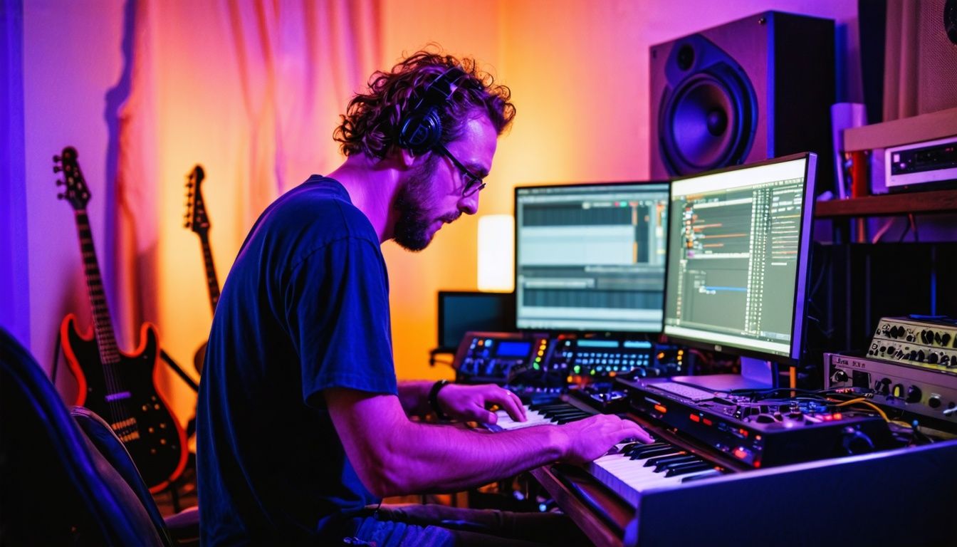 A male musician in his home studio using computer program and instruments.