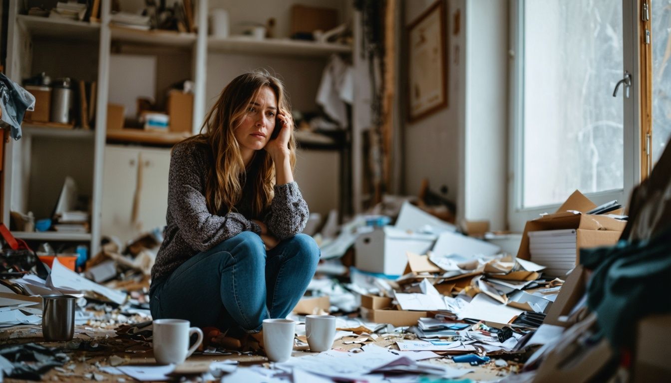 A woman in her 30s sits in a cluttered room, looking overwhelmed.