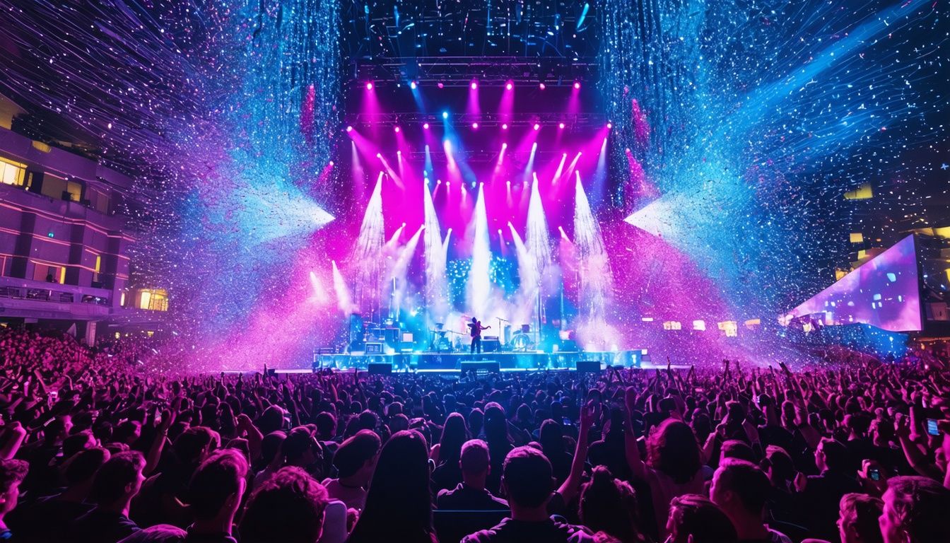 A concert stage with AI-generated visuals creates an electrifying atmosphere.