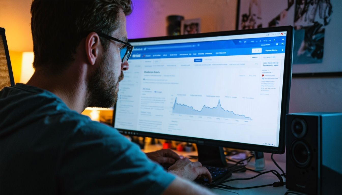 A man in his 30s browsing Google Trends and reading Google News.