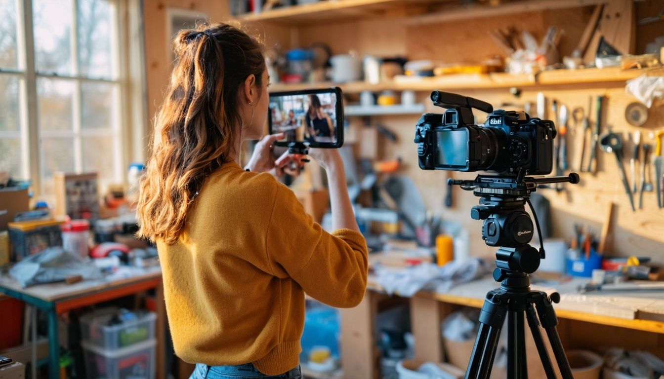 Una mujer filma un tutorial de mejoras en el hogar.