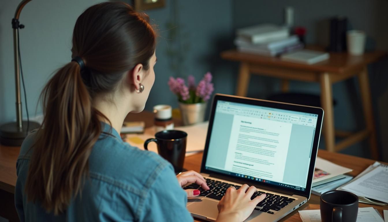 A woman working on a messy desk with editing needed.