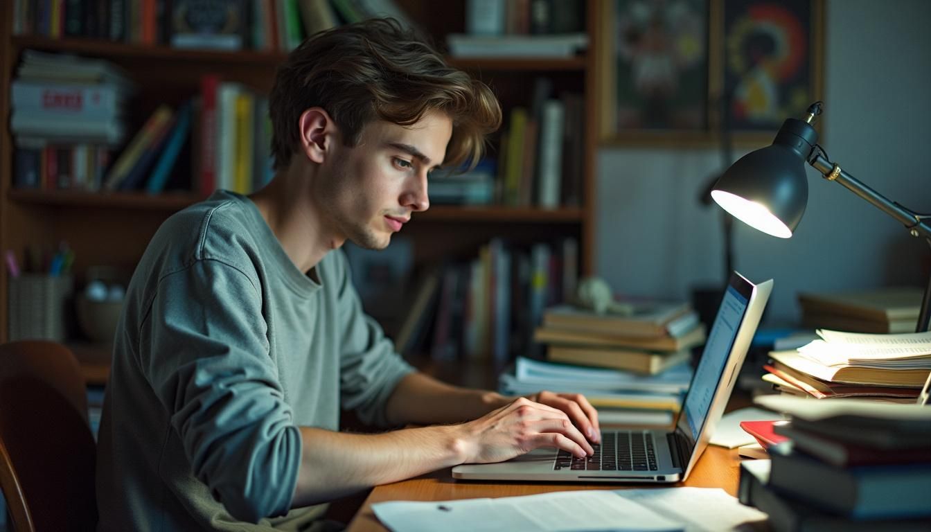 A young man uses ChatGPT to check spelling and grammar at cluttered desk.