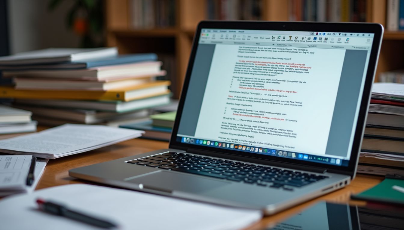 A cluttered desk with open laptop and highlighted spelling errors.